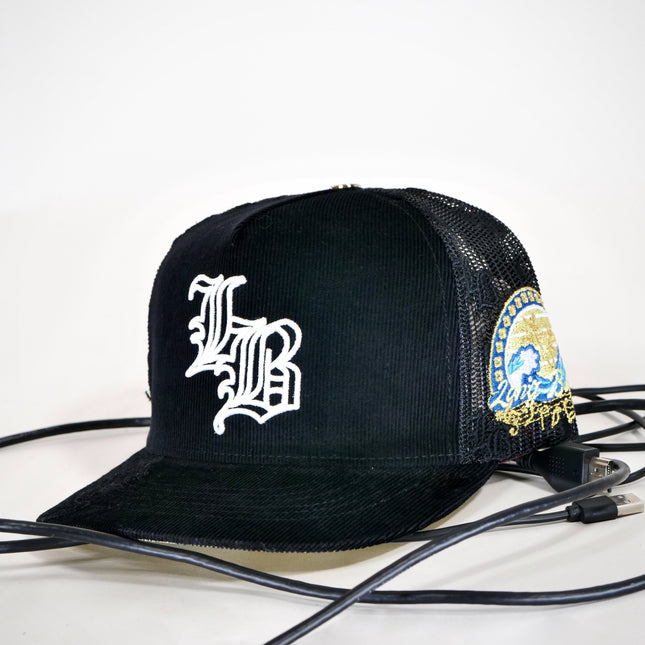 dvniel.luu 'OG LB: Live Boundlessly' Trucker Snapback Hat Black Corduroy / Mesh | SOLE SERIOUSS [1]