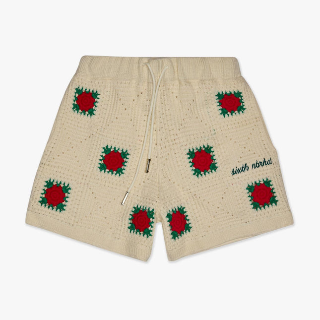 6TH NBRHD 'Handmade' Knit Shorts with Rose Motif Cream / Green