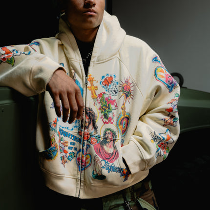 We Are Righteous 'Risen King' Cropped Zip Up Hoodie Cream