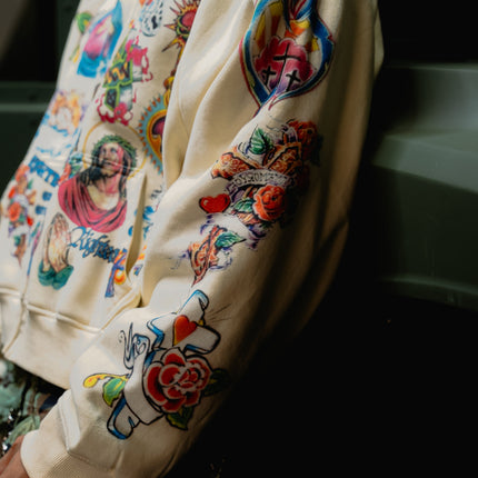 We Are Righteous 'Risen King' Cropped Zip Up Hoodie Cream