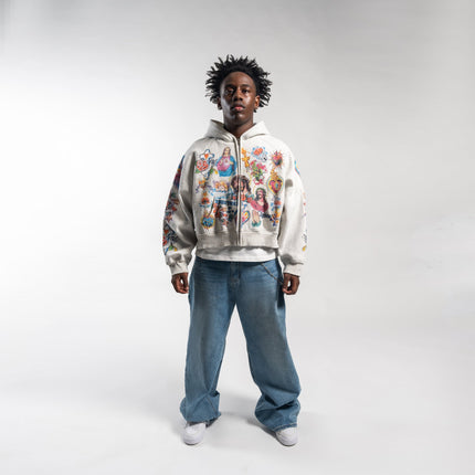 We Are Righteous 'Risen King' Cropped Zip Up Hoodie Grey