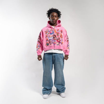 We Are Righteous 'Risen King' Cropped Zip Up Hoodie Pink