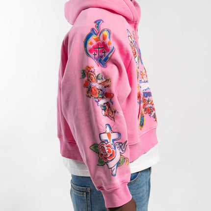 We Are Righteous 'Risen King' Cropped Zip Up Hoodie Pink