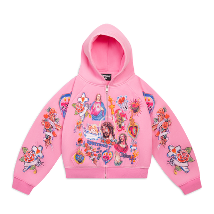 We Are Righteous 'Risen King' Cropped Zip Up Hoodie Pink