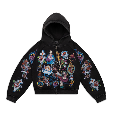 We Are Righteous 'Risen King' Cropped Zip Up Hoodie Black