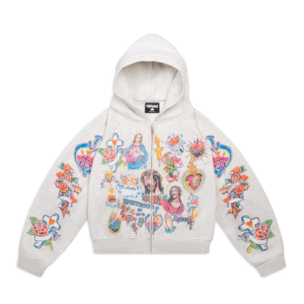 We Are Righteous 'Risen King' Cropped Zip Up Hoodie Grey