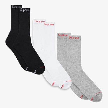 Supreme x Hanes Cushion Crew Socks (1 Single Pair of Each Socks) Black, White and Heather Grey