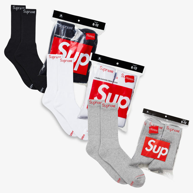 Supreme x Hanes Cushion Crew Socks (Full Pack of Each) Black, White and Heather Grey