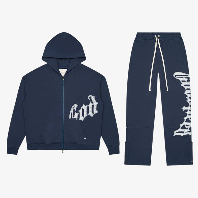 Godspeed 'OG Logo V2' 500 GSM French Terry Sweatsuit Navy / Silver Satin (Hoodie & Sweatpants) - SOLE SERIOUSS (1)