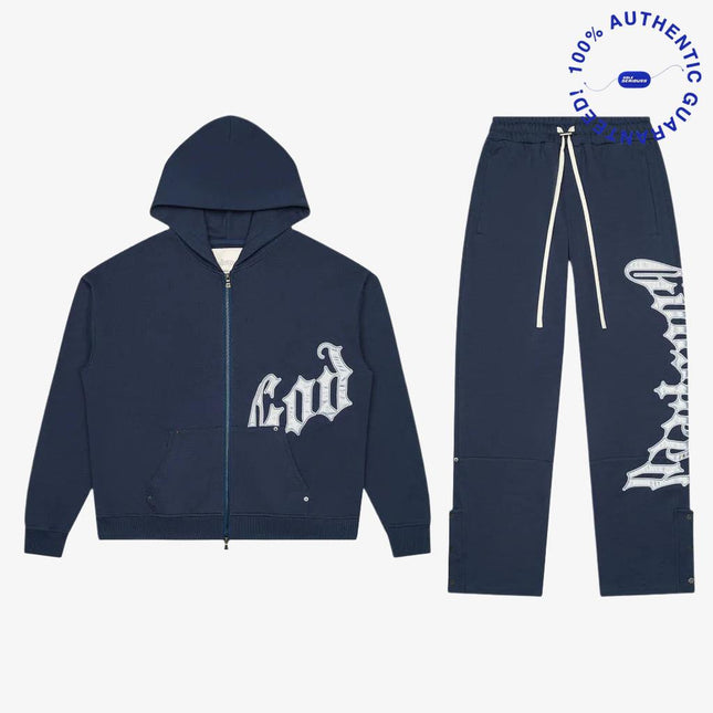 Godspeed 'OG Logo V2' 500 GSM French Terry Sweatsuit Navy / Silver Satin (Hoodie and Sweatpants) | SOLE SERIOUSS [1]