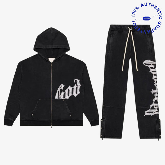 Godspeed 'OG Logo V2' 500 GSM French Terry Sweatsuit Washed Black / Silver Satin (Hoodie and Sweatpants) | SOLE SERIOUSS [1]