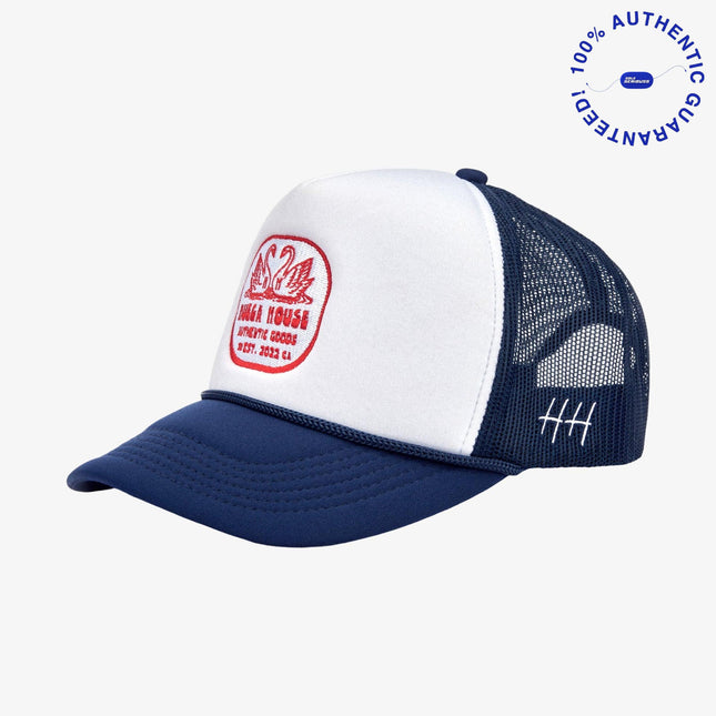 Huega House 'Double Swan' Mesh Trucker Snapback Hat Navy Blue / White | SOLE SERIOUSS [1]