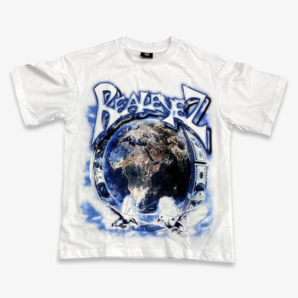 REALEYEZ 'Money Runs The World / You Can't Pay God Wit It' Oversized Tee White / Blue | SOLE SERIOUSS [1]