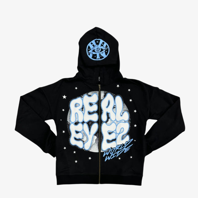 REALEYEZ 'Worldwide' French Terry Rhinestone Zip-Up Hoodie Black / Legend Blue - SOLE SERIOUSS (1)