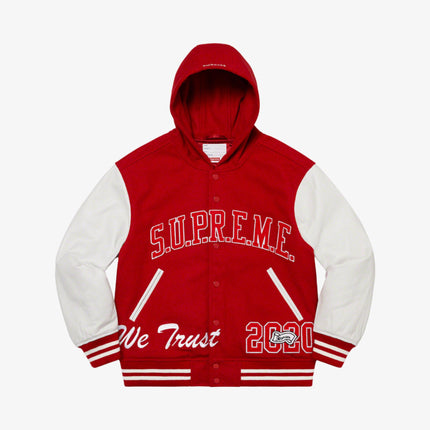 Supreme Hooded Varsity Jacket 'King' Red (FW20) - SOLE SERIOUSS (1)