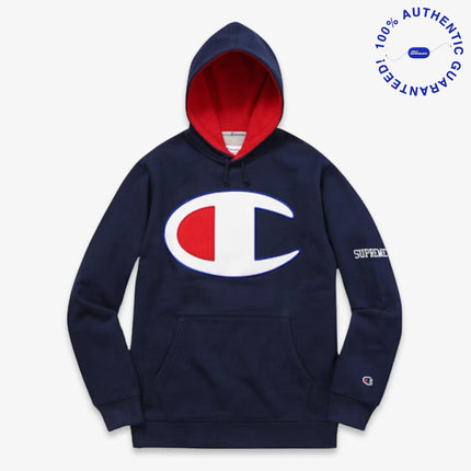 Supreme x Champion Pullover Hooded Sweatshirt 'Satin Logo' Navy Blue (SS17) | SOLE SERIOUSS [1]