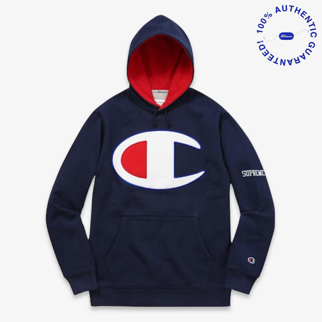 Supreme x Champion Pullover Hooded Sweatshirt 'Satin Logo' Navy Blue (SS17) | SOLE SERIOUSS [1]