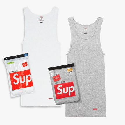 Supreme x Hanes Tagless Tank Tops (Full Pack of Each) White and Heather Grey | SOLE SERIOUSS [1]