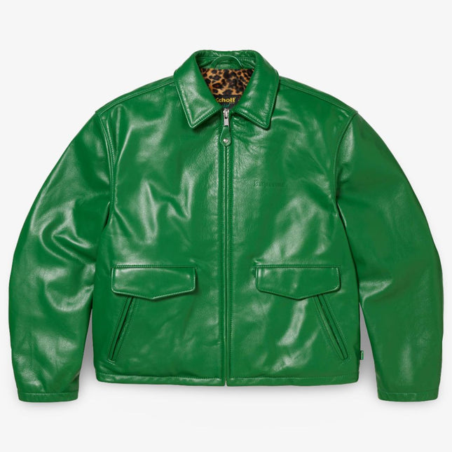 Supreme x Schott Leather Racer Jacket Green (FW24) - SOLE SERIOUSS (1)