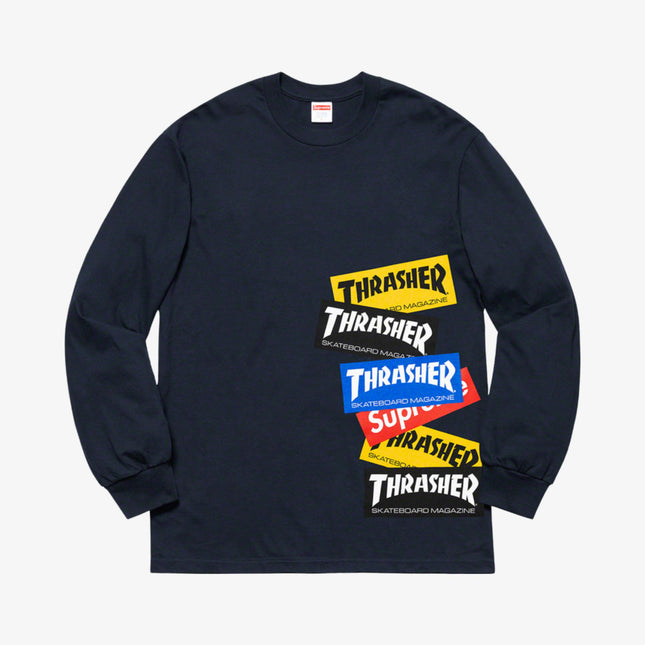 Supreme x Thrasher L/S Long Sleeve Tee 'Multi Logo' Navy (FW21) | SOLE SERIOUSS [1]