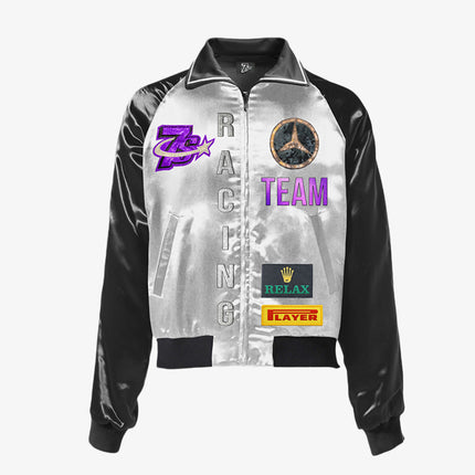 Triple Sevens 'Racing Team' Satin Boxy Varsity Jacket Black / Silver | SOLE SERIOUSS [1]