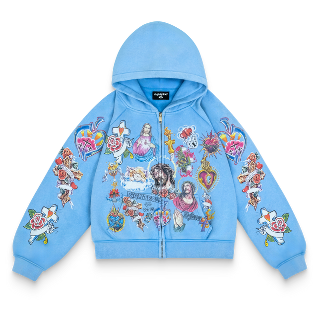 We Are Righteous 'Risen King' Cropped Zip Up Hoodie Blue | SOLE SERIOUSS [1]