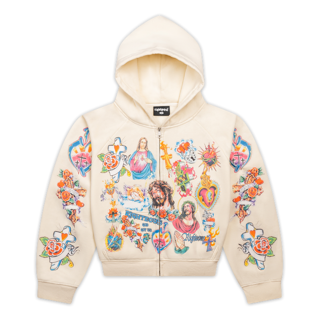 We Are Righteous 'Risen King' Cropped Zip Up Hoodie Cream | SOLE SERIOUSS [1]