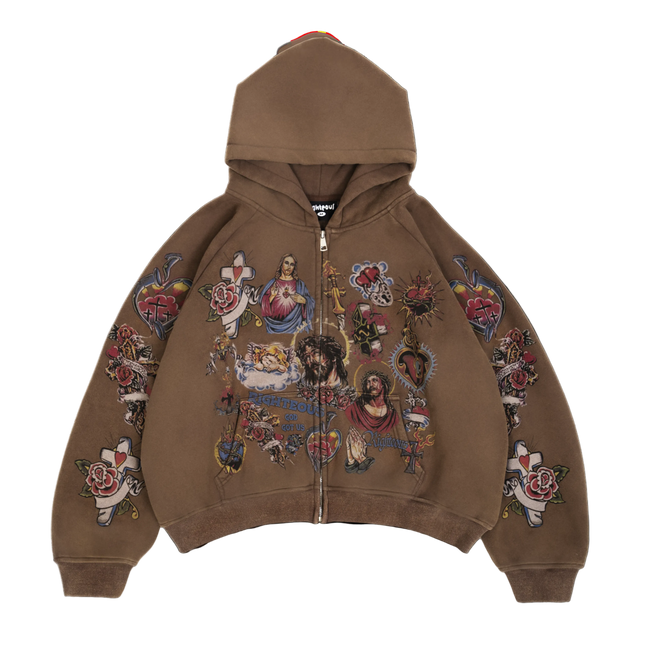 We Are Righteous 'Risen King' Cropped Zip Up Hoodie Mocha | SOLE SERIOUSS [1]