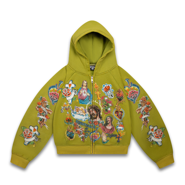 We Are Righteous 'Risen King' Cropped Zip Up Hoodie Moss | SOLE SERIOUSS [1]